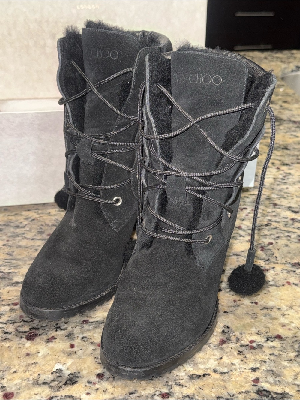 Jimmy Choo Black Suede Lace-Up Shearling Ankle Boots with Pom Detail